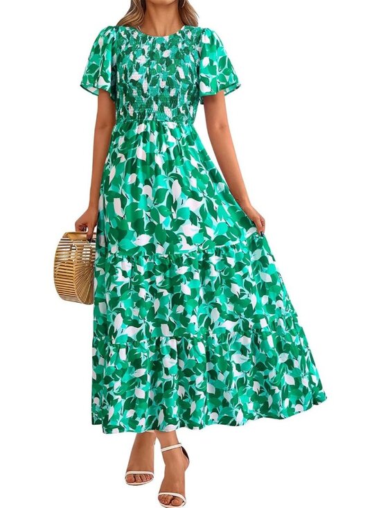 Dresses & Skirts - Women's Green Flutter Short Sleeve Boho Floral Maxi Crew Neck Tiered Long Dress